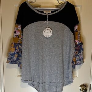 Umgee Black and Gray Top with Floral Sleeves